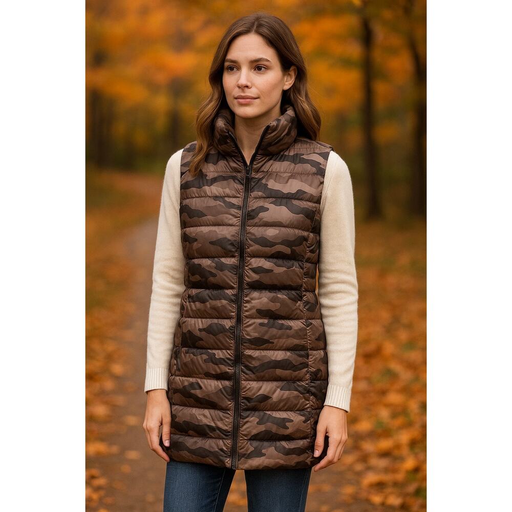 L’Atelier Camo Print Down Puffer Vest Metallic Bronze Quilted Outerwear